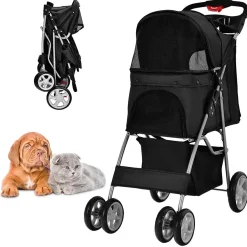 Hundewagen Haustiere Buggy bis 15kg, Hundebuggy mit Netzfenstern Getränkehalter
