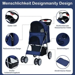 Hundewagen Haustiere Buggy bis 15kg, Hundebuggy mit Netzfenstern Getränkehalter