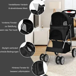 Hundewagen Haustiere Buggy bis 15kg, Hundebuggy mit Netzfenstern Getränkehalter