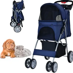 Hundewagen Haustiere Buggy bis 15kg, Hundebuggy mit Netzfenstern Getränkehalter