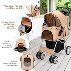Hundewagen Haustiere Buggy bis 15kg, Hundebuggy mit Netzfenstern Getränkehalter