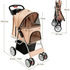 Hundewagen Haustiere Buggy bis 15kg, Hundebuggy mit Netzfenstern Getränkehalter