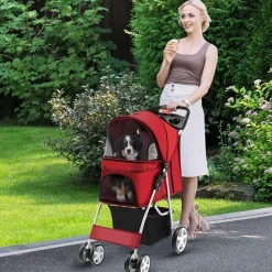 Hundewagen Haustiere Buggy bis 15kg, Hundebuggy mit Netzfenstern Getränkehalter