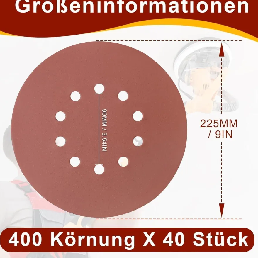 Huopueit 40 Stück Schleifpapier 225mm Klett, 10 Loch, Körnung 400 für