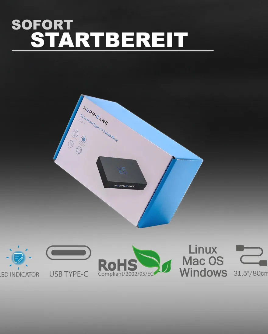 Hurricane 3518C3 320GB Aluminium Externe Festplatte, 3.5 Zoll, USB C HDD extern Bac