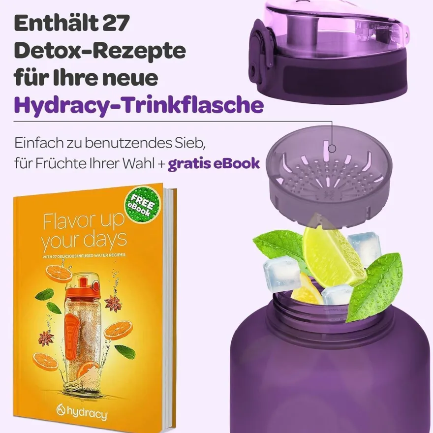 Hydracy Trinkflasche mit Fruchteinsatz, 2L, BPA-frei, mit Zeitmarkierung