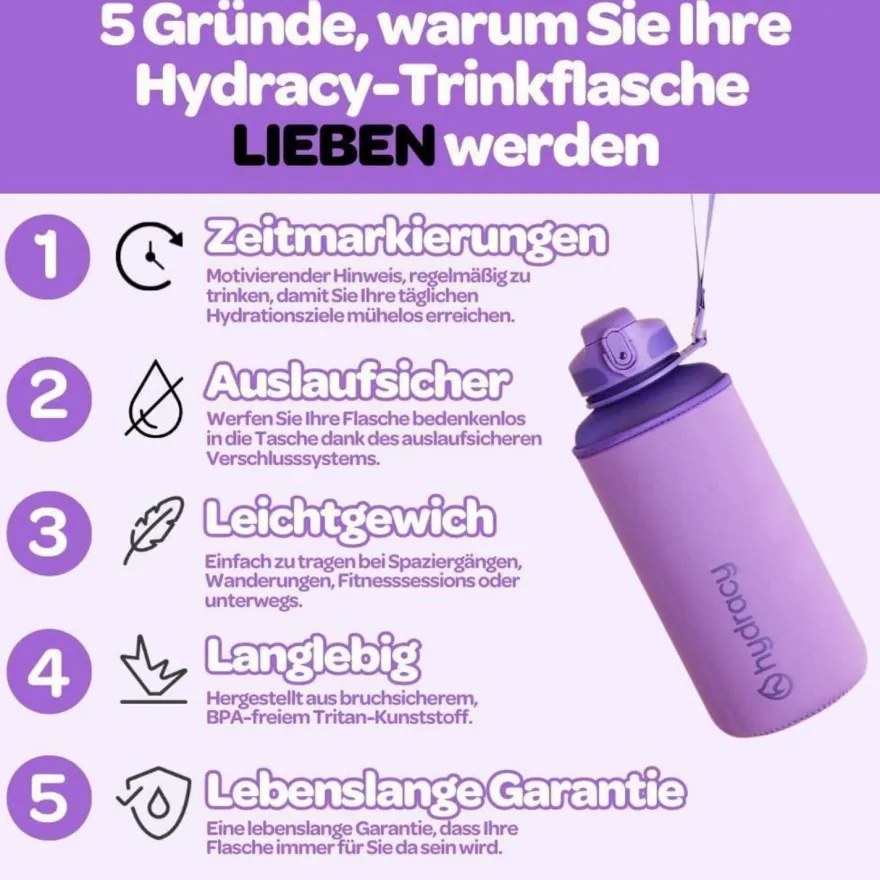 Hydracy Trinkflasche mit Fruchteinsatz, 2L, BPA-frei, mit Zeitmarkierung