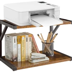 IBUYKE Under Desk Printer Stand 2 Tier Mobile Organizer Shelf 4 Wheels Rustic
