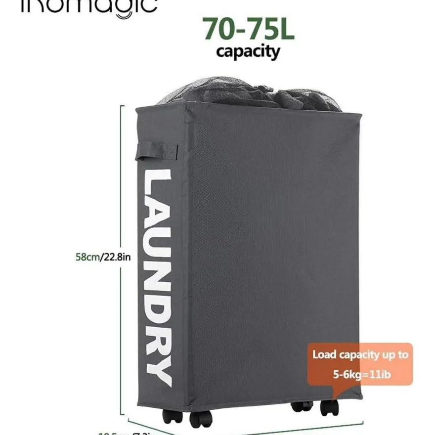 Ihomagic Wäschekorb mit Rädern, faltbar, 40L, dunkelgrau, 39x18.5x58cm