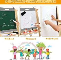 3 in 1 Kinder Staffelei, Whiteboard & Kreidetafel & Zeichenpapier höhenverstellbar
