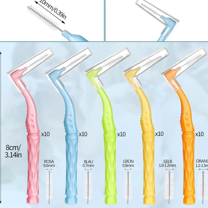 50 Interdentalbürsten L-Form in 5 Größen Rutschfester Griff für Zahnreinigung
