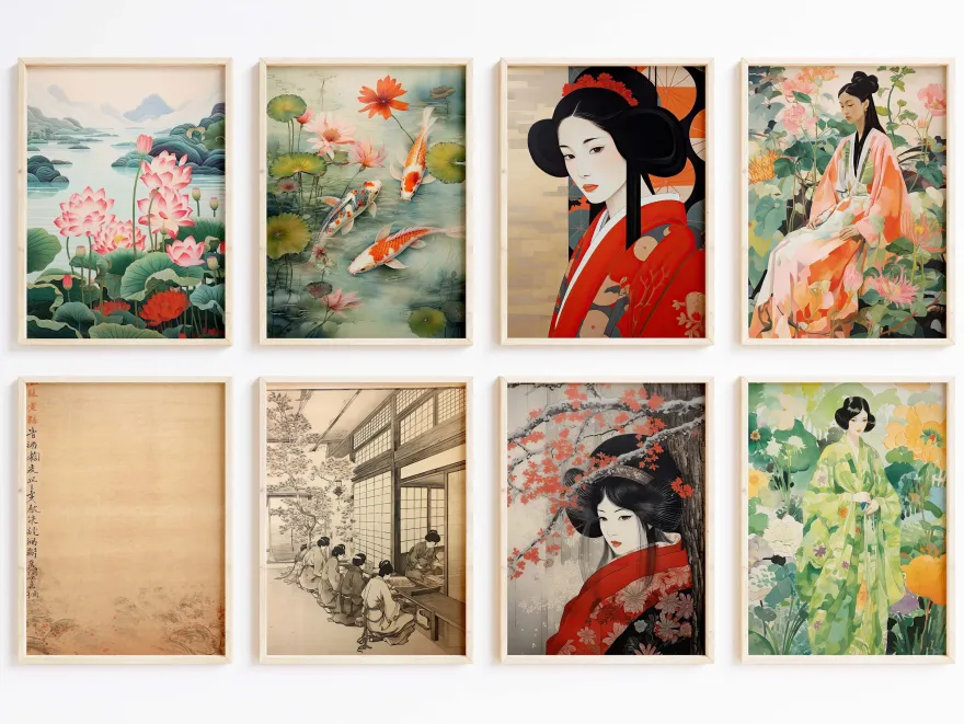 Japan Poster · Geschenkidee · Geisha Kirschblüten Koi und Lotus im Japandi St