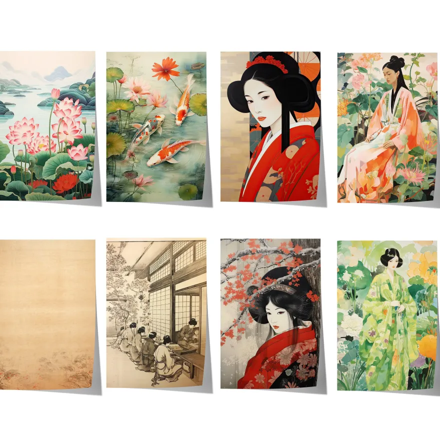 Japan Poster · Geschenkidee · Geisha Kirschblüten Koi und Lotus im Japandi St