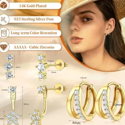 JeweBella 3 Paar Ohrringe Set Silber/Gold Damen Mädchen 925 Sterling Silber