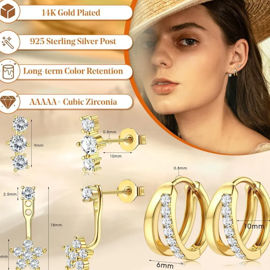 JeweBella 3 Paar Ohrringe Set Silber/Gold Damen Mädchen 925 Sterling Silber