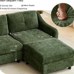 JIEXI Ecksofa mit Schlaffunktion, L-Form Couch aus Cordstoff, 251cm, Dunkelgrün