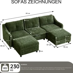 JIEXI Ecksofa mit Schlaffunktion, L-Form Couch aus Cordstoff, 251cm, Dunkelgrün