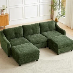 JIEXI Ecksofa mit Schlaffunktion, L-Form Couch aus Cordstoff, 251cm, Dunkelgrün