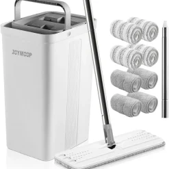 Joymoop Wischmopp Eimer Auswringer Set 8 Mikrofaser-Pads verlängerter Griff