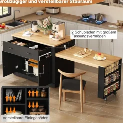 Juabett Mobiler Kücheninsel mit Rollen, Schwarz Küchenwagen mit ausziehbarem