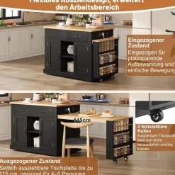 Juabett Mobiler Kücheninsel mit Rollen, Schwarz Küchenwagen mit ausziehbarem