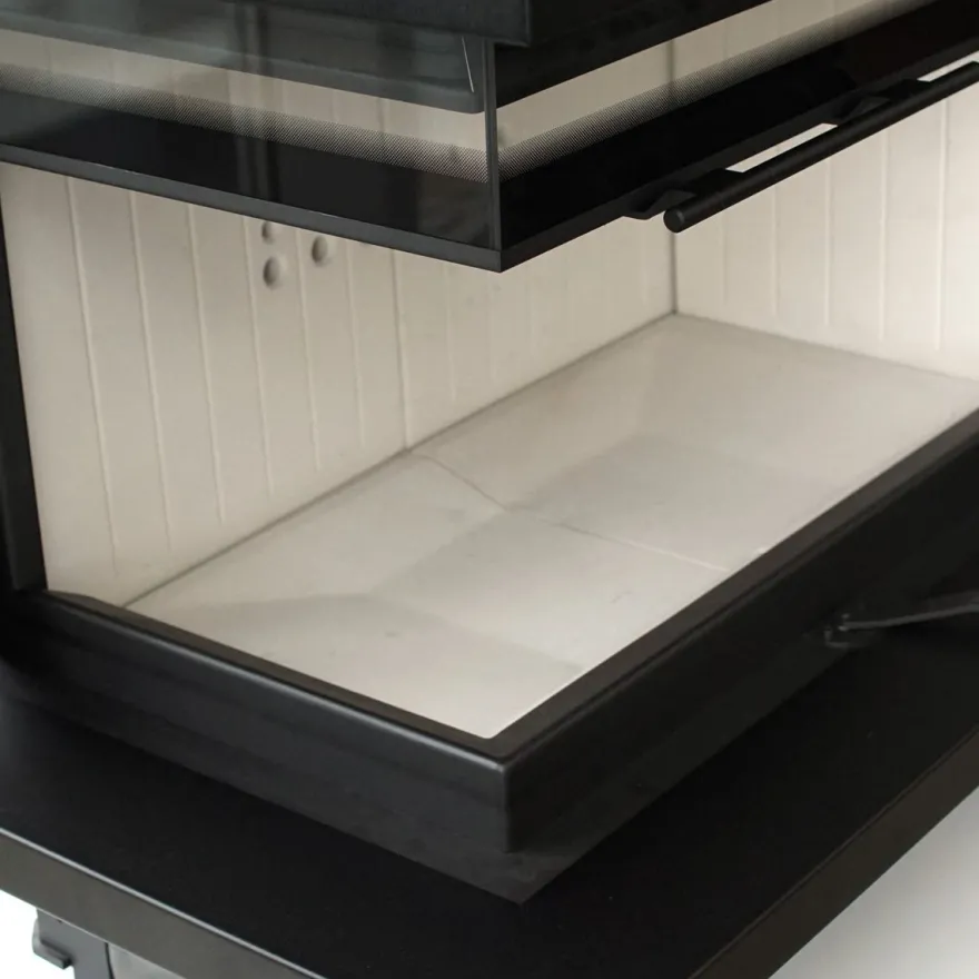 Kamineinsatz aus Stahl KRATKI MBA rechts 17 kW Ø 200 mit Schiebetür gebogenes Glas