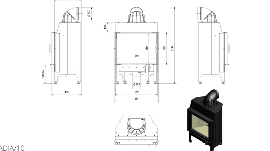 Kamineinsatz aus Stahl KRATKI NADIA 10 kW Ø 200 schwarz Verkleidung