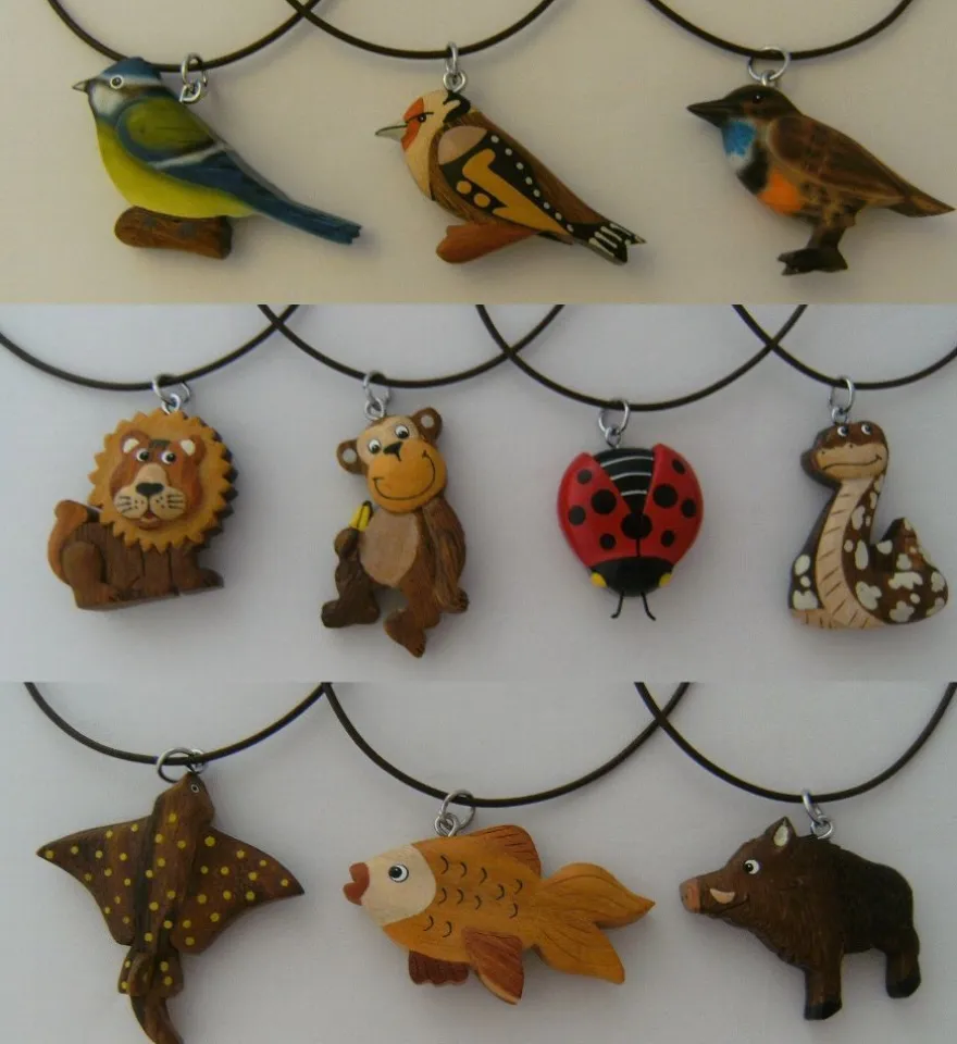 1 Kette Holzanhänger Ketten Modeschmuck Lederband Holzkette Tiere Zoo Vogel