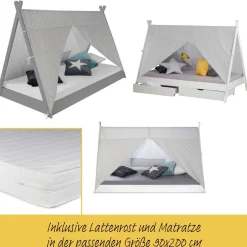 Kinderbett mit Matratze TIPI 90x200 Jugendbett weiß grau Holzbett Kinderzimmer