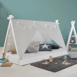 Kinderbett mit Matratze TIPI 90x200 Jugendbett weiß grau Holzbett Kinderzimmer