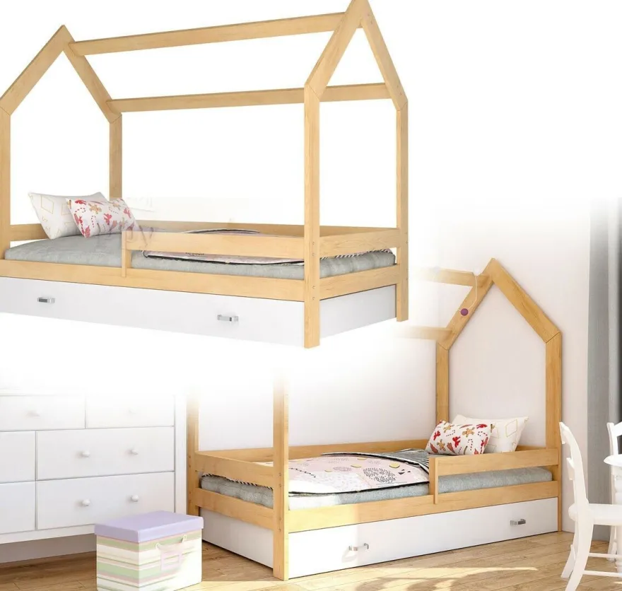 Kinderbett mit Schublade Hausbett Haus Holz Kiefer weiss Bettenkauf 160x80cm