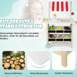 Kinder Eiswagen mit 6 Eiscreme, Kaufladen Holz mit 2 Ablagen, Einkaufswagen