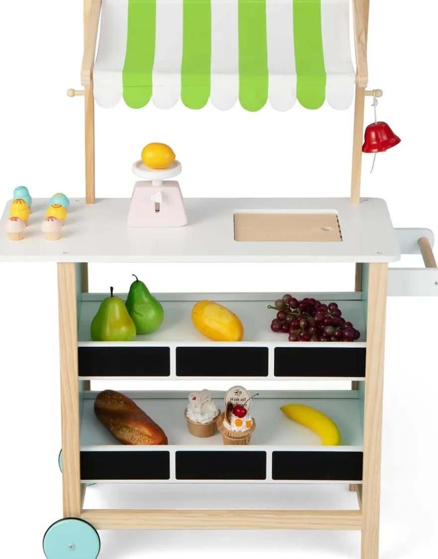 Kinder Eiswagen mit 6 Eiscreme, Kaufladen Holz mit 2 Ablagen, Einkaufswagen