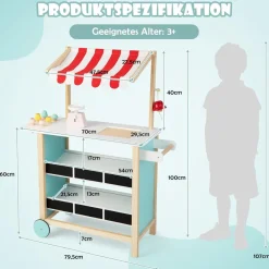 Kinder Eiswagen mit 6 Eiscreme, Kaufladen Holz mit 2 Ablagen, Einkaufswagen