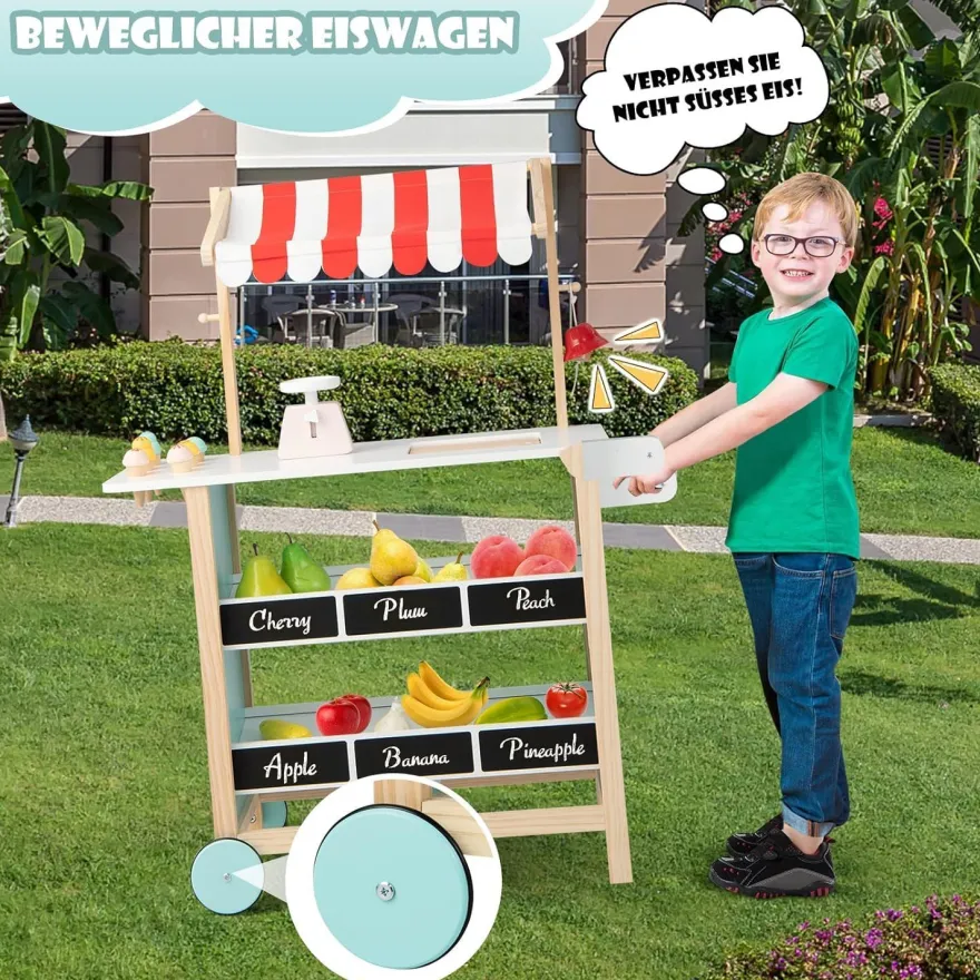 Kinder Eiswagen mit 6 Eiscreme, Kaufladen Holz mit 2 Ablagen, Einkaufswagen