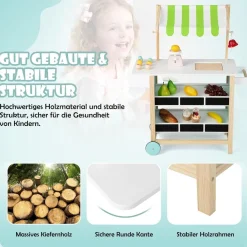 Kinder Eiswagen mit 6 Eiscreme, Kaufladen Holz mit 2 Ablagen, Einkaufswagen