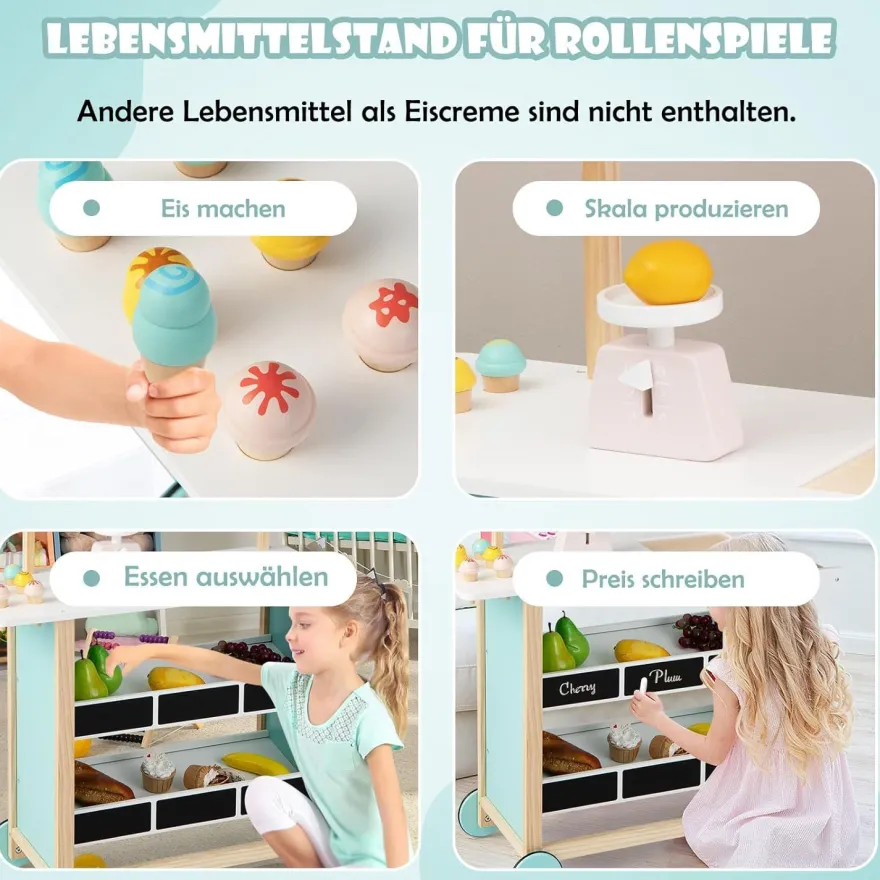 Kinder Eiswagen mit 6 Eiscreme, Kaufladen Holz mit 2 Ablagen, Einkaufswagen