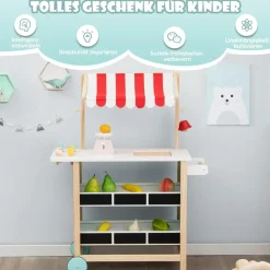 Kinder Eiswagen mit 6 Eiscreme, Kaufladen Holz mit 2 Ablagen, Einkaufswagen