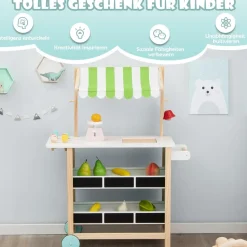 Kinder Eiswagen mit 6 Eiscreme, Kaufladen Holz mit 2 Ablagen, Einkaufswagen