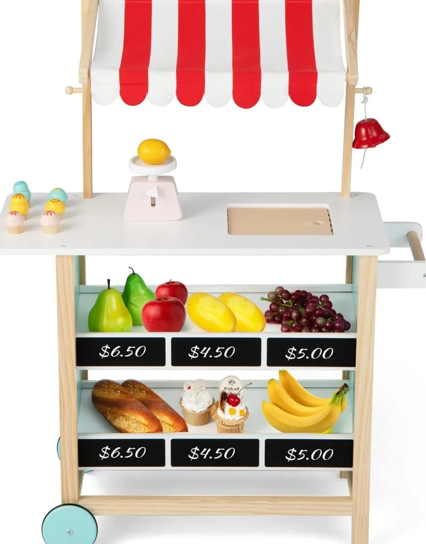 Kinder Eiswagen mit 6 Eiscreme, Kaufladen Holz mit 2 Ablagen, Einkaufswagen
