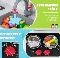 Kinderküche Spielküche inkl. 18 Zubehör, Kinder Küche Holz mit Spüle Mikrowelle