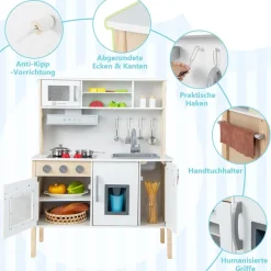 Kinderküche Spielküche inkl. 18 Zubehör, Kinder Küche Holz mit Spüle Mikrowelle