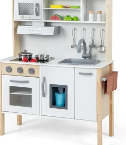 Kinderküche Spielküche inkl. 18 Zubehör, Kinder Küche Holz mit Spüle Mikrowelle