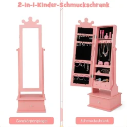 Kinder Schmuckschrank, Spiegelschrank neigbar mit Ganzkörperspiegel, 3 Schubladen