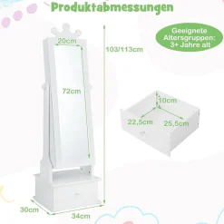 Kinder Schmuckschrank, Spiegelschrank neigbar mit Ganzkörperspiegel, 3 Schubladen