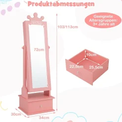 Kinder Schmuckschrank, Spiegelschrank neigbar mit Ganzkörperspiegel, 3 Schubladen