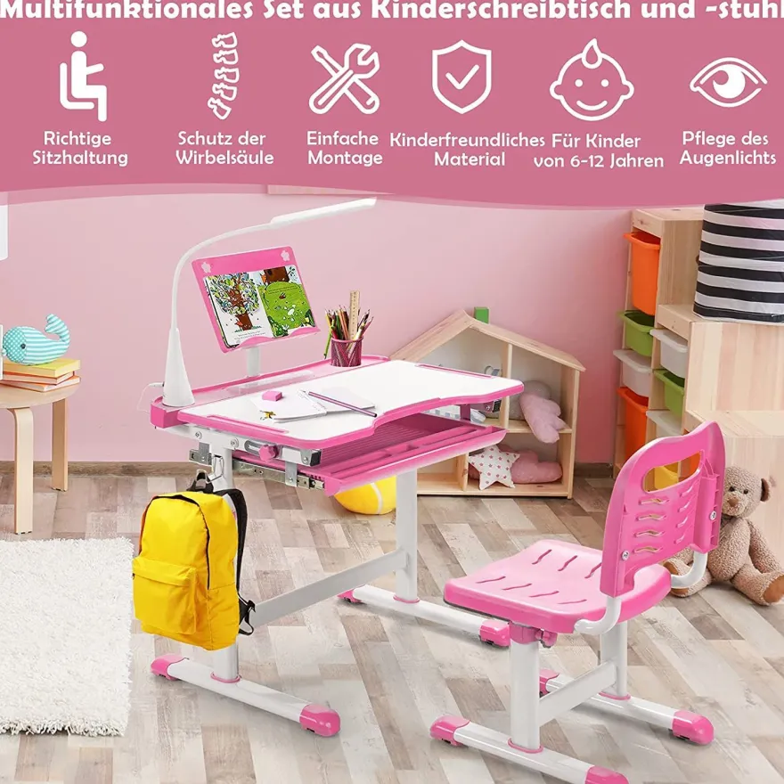 Kinderschreibtisch mit Bücherständer & LED, höhenverstellbarer Kindertisch&Stuhl