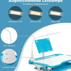 Kinderschreibtisch mit Bücherständer & LED, höhenverstellbarer Kindertisch&Stuhl