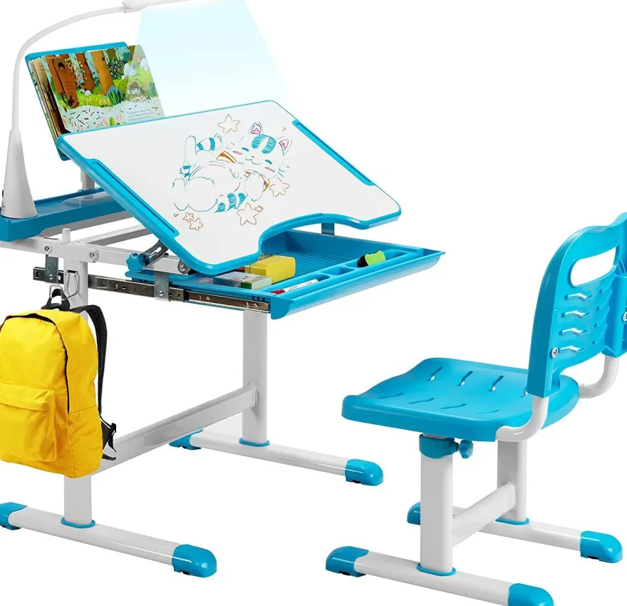 Kinderschreibtisch mit Bücherständer & LED, höhenverstellbarer Kindertisch&Stuhl