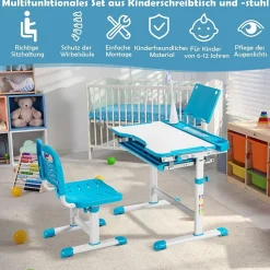 Kinderschreibtisch mit Bücherständer & LED, höhenverstellbarer Kindertisch&Stuhl